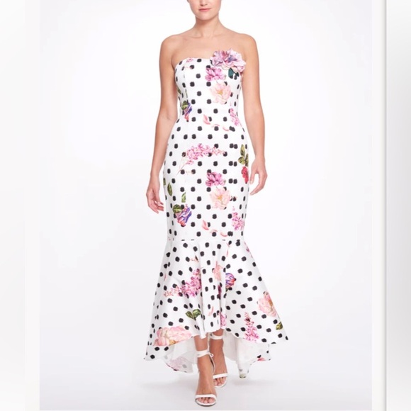 Marchesa Notte Strapless Black Polka Dot Gown Pink Floral - Picture 8 of 16